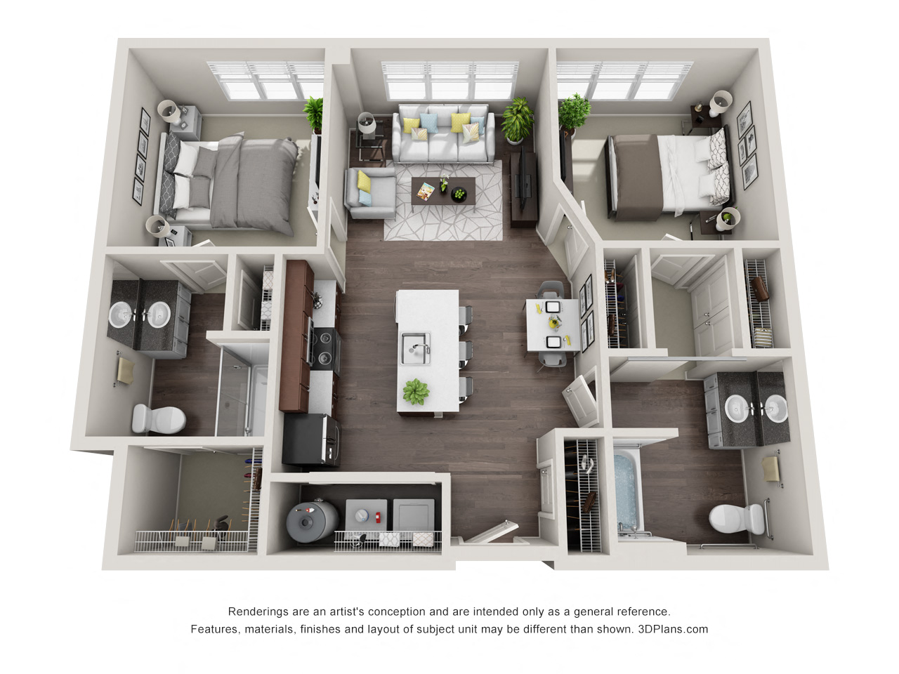 Floor plan for 2 beds, 2 baths, 1021 sqft